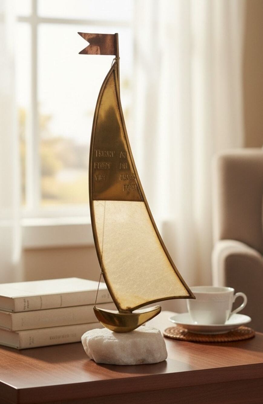 DeMott Brass Sailboat Sculpture on Onyx Base 15" Tall Signed MCM Vintage NWT